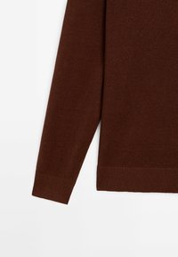 Pullover marrone a maglia con maniche lunghe, polsini a coste e una texture liscia. Il design presenta una vestibilità comoda e dettagli semplici.