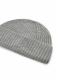 Gray knitted beanie with a ribbed texture, featuring a turned-up cuff and a small embroidered flower detail on the front.