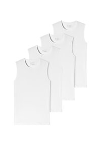 Fyra vita ärmlösa t-shirts i bomull staplade i en hög, med en enkel design och rund halsringning, utan synliga mönster eller detaljer.