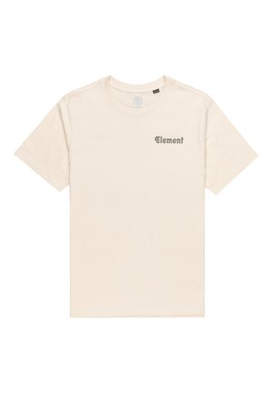 Kremowy bawełniany t-shirt z krótkimi rękawami. Na przodzie znajduje się małe, drukowane logo "Element" w oliwkowej zieleni. Prosty design.