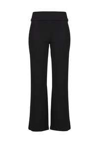 Pantalon évasé taille haute noir pour femme avec une large ceinture, vue de face, sur fond blanc.