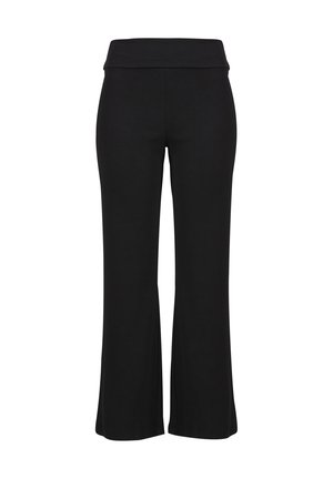 Zwarte dames hoge taille flare broek met een brede tailleband, vooraanzicht, tegen een witte achtergrond.