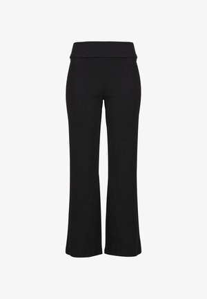 Sorte dames højttaljede flare bukser med bred linning, set forfra, med hvid baggrund.