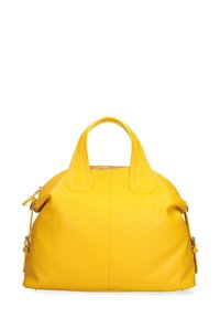 Borsa a tracolla gialla in pelle con manici doppi, forma arrotondata, chiusura a zip e tracolla staccabile. Tessuto morbido senza motivi visibili.