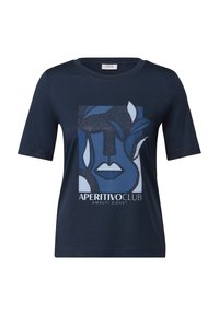 T-shirt en coton bleu marine à manches courtes, avec un design graphique d'un visage et de feuilles, et le texte "APERITIVO CLUB AMALFI COAST".