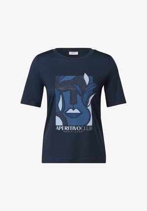 T-shirt en coton bleu marine à manches courtes, avec un design graphique d'un visage et de feuilles, et le texte "APERITIVO CLUB AMALFI COAST".