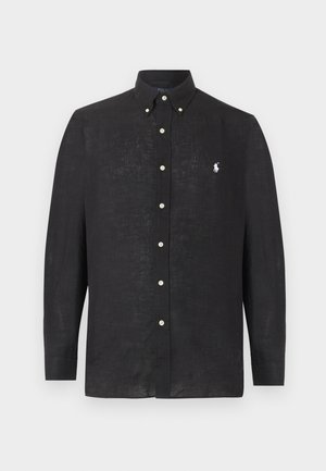 Black long-sleeve button-up shirt with button-down collar and small white embroidered logo on the left chest.