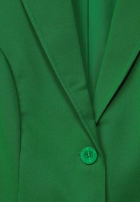 Zielony marynarka z wyciętym kołnierzem i jednym zielonym guzikiem zapinanym z przodu.