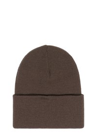 Brązowa dziana czapka beanie z przegiętym mankietem, gładką strukturą i zaokrąglonym szczytem. Wykonana z miękkiego, elastycznego materiału, odpowiednia na zimną pogodę.