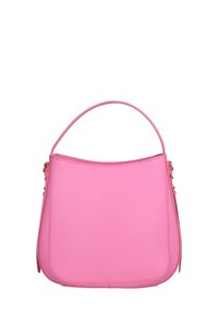 Borsa a tracolla in pelle rosa con texture liscia, parte superiore curva e una sola tracolla. Caratterizzata da un design minimalista e senza hardware visibile.