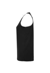 Top nero senza maniche realizzato in tessuto leggero. Presenta una vestibilità rilassata, scollatura arrotondata e bordi bianchi a contrasto lungo l'apertura.