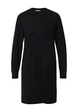 Zwarte gebreide jurk met lange mouwen, ronde hals en ribbels aan de manchetten. Eenvoudig ontwerp, zachte textuur en rechte silhouet.