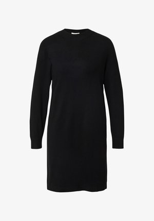 Zwarte gebreide jurk met lange mouwen, ronde hals en ribbels aan de manchetten. Eenvoudig ontwerp, zachte textuur en rechte silhouet.