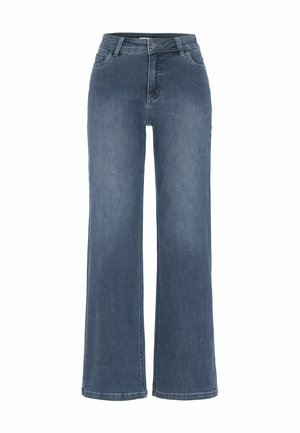 Blauwe high-waist spijkerbroek met wijde pijpen, voor- en achterzakken, knoopsluiting en riemlussen.