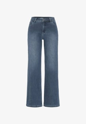 Blaue, hoch taillierte Jeans mit weitem Bein, Vorder- und Gesäßtaschen, Knopfverschluss und Gürtelschlaufen.