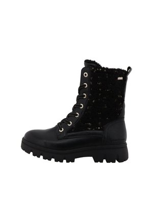 Schwarze Knöchelstiefel mit einem strukturierten schwarzen Stoffoberteil, Metallösen und einer dicken Gummisohle. Mit einem Kunstpelzfutter und einer Ziehlasche.