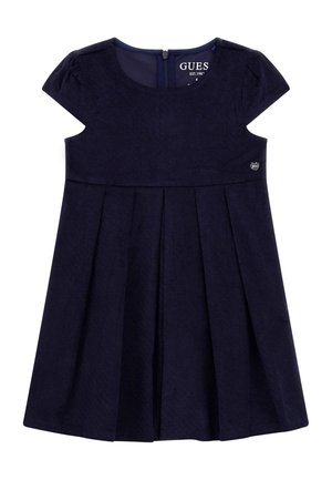 Robe bleu marine à manches courtes pour tout-petit avec jupe plissée, encolure ronde, fermeture éclair au dos et petit ornement en forme de cœur métallique à la taille.