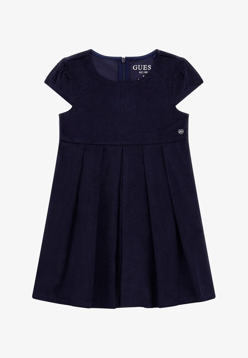 Robe bleu marine à manches courtes pour tout-petit avec jupe plissée, encolure ronde, fermeture éclair au dos et petit ornement en forme de cœur métallique à la taille.