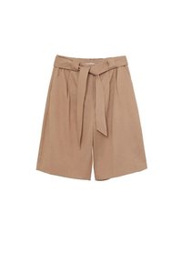 Pehmeästä kankaasta valmistetut beiget rypytetyt shortsit, joissa on lenkillä varustettu vyö, leveä lahje ja sileä pinta.