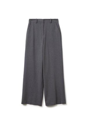 Wijde broek in een donkergrijze stof. Heeft een platte voorkant, zijzakken en een gladde textuur. Geen zichtbare patronen of accenten.