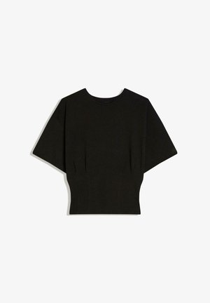Schwarzes kurzärmeliges Oberteil mit weiten Ärmeln, tailliertem Schnitt und rundem Ausschnitt vor weißem Hintergrund.