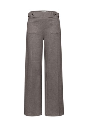 Pantalon gris à jambes larges avec poches plaquées devant et pattes de taille boutonnées, en tissu tricoté doux.