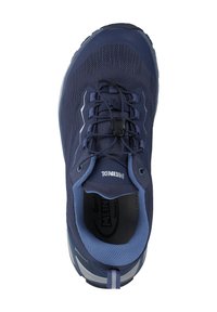 Navy blue athletic shoe with mesh upper, rubber sole, and intricate lace system. Features padded collar and contrasting accents.