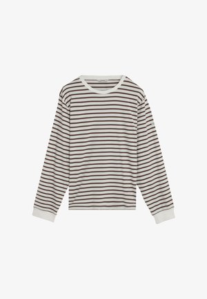 Camisa blanca de manga larga con rayas horizontales marrones, cuello redondo y puños acanalados, mostrada extendida sobre un fondo blanco.