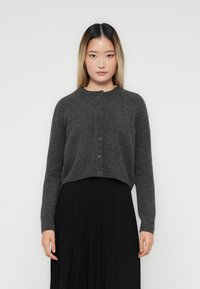 Woman with straight ombre hair wearing a dark gray buttoned cardigan and a black pleated skirt, standing against a plain light background.