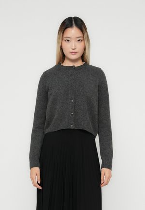 Woman with straight ombre hair wearing a dark gray buttoned cardigan and a black pleated skirt, standing against a plain light background.