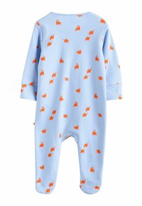Blue cotton onesie featuring an all-over pattern of small orange dinosaurs. Long sleeves and enclosed feet design with round neck.