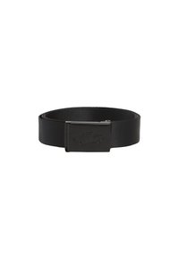 Cintura nera in nylon con fibbia quadrata in metallo nero testurizzato, caratterizzata da dettagli logo in rilievo. Lunghezza regolabile per una vestibilità sicura.