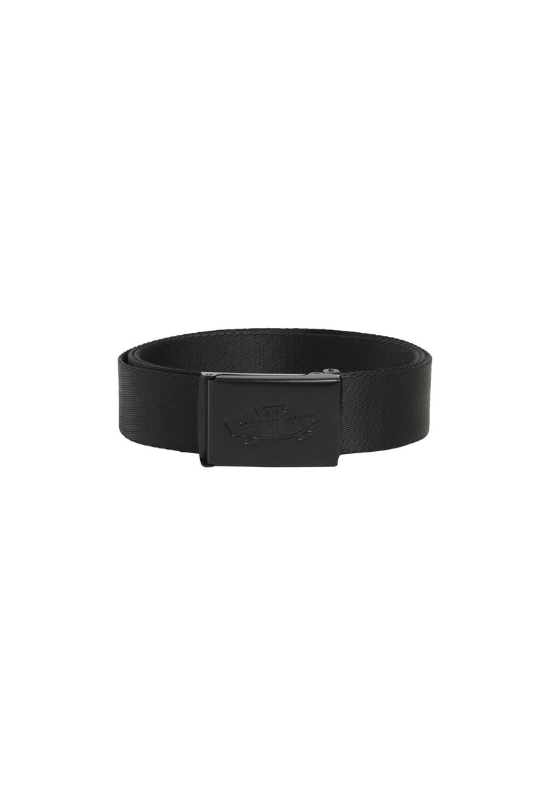 Cintura nera in nylon con fibbia quadrata in metallo nero testurizzato, caratterizzata da dettagli logo in rilievo. Lunghezza regolabile per una vestibilità sicura.