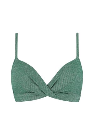 Zielony biustonosz z prążkowanej tkaniny z cienkimi ramiączkami i skręconym przodem, prezentowany na białym tle.