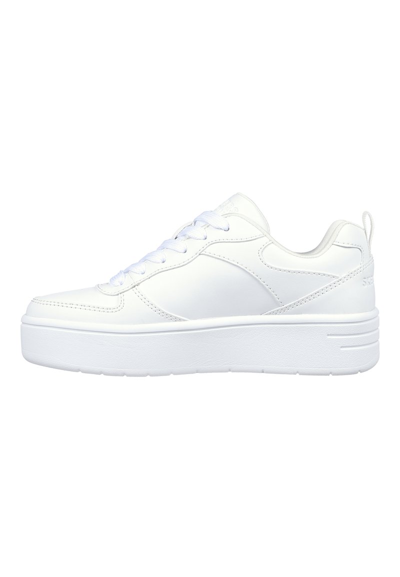 Witte sneaker met een glad bovenwerk van synthetisch materiaal, ronde neus, platte veters en een dikke, gestructureerde zool voor extra hoogte en steun.