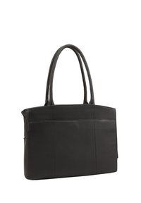 Zwarte leren tote bag met twee handvatten, rechthoekige vorm, gladde textuur en voorvak. Kenmerkt zich door gestikte details en een minimaal ontwerp.