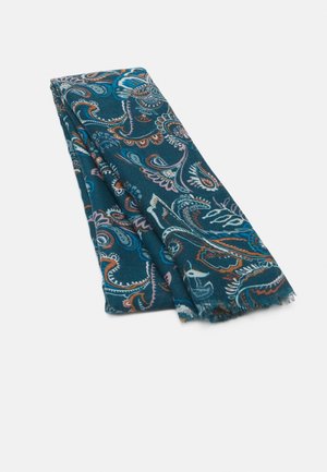 Foldet mørk teal farvet stof med indviklede paisley-mønstre i blå, orange, pink og hvid, med let flossede kanter.