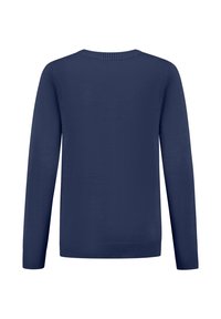 Dunkelblauer Pullover mit langen Ärmeln, Rundhalsausschnitt und gerippten Bündchen und Saum, aus einem glatten, leichten Material gefertigt.