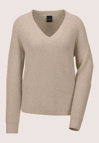 Beiger Strickpullover mit langen Ärmeln, V-Ausschnitt, geripptem Muster und dezenten Zopfmusterdetails an den Schultern und Oberarmen.