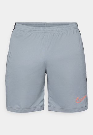 Lichtgrijze sportshorts met zwarte zijkanten, een elastische tailleband en een gestructureerde mesh zoom. Heeft een oranje Nike-logo op het linkerpijp.