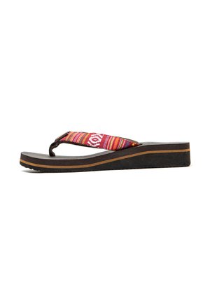 Chancletas de cuña con una tira de tela estampada en rojo, amarillo y blanco, con una suela de goma gris y una base en capas marrón.
