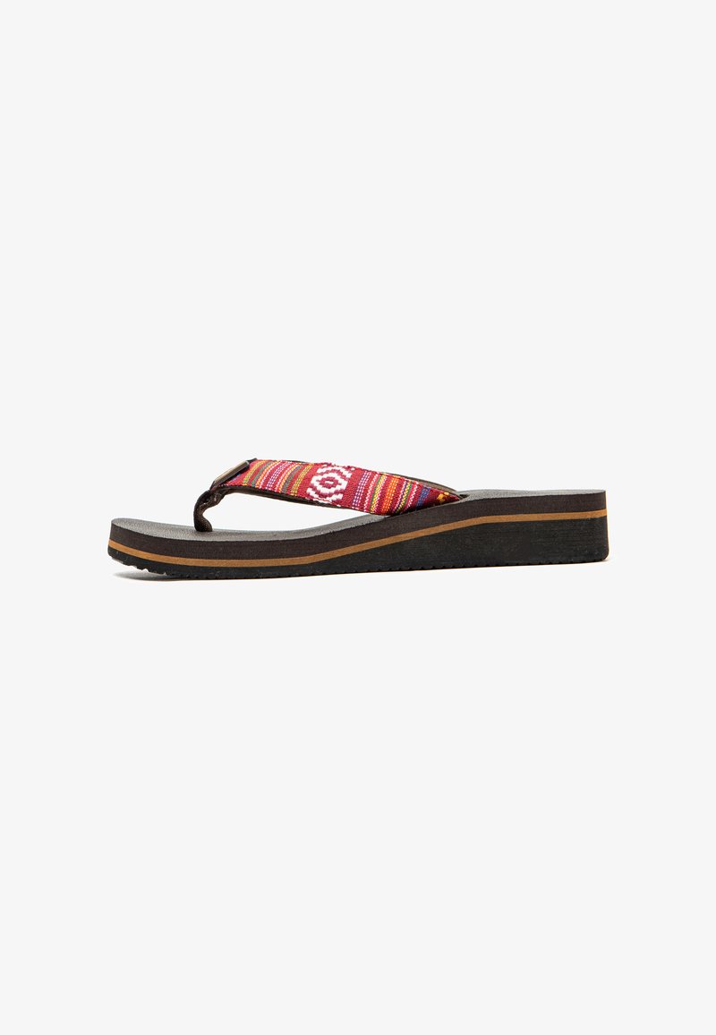 Wedge flip-flop featuring a patterned fabric strap in red, yellow, and white, with a grey rubber sole and brown layered base.