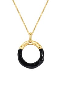 Guld kæde med vedhæng i cirkul�ær form. Vedhænget har en blank sort emaljeoverflade med en glat, rund form og guld accenter.