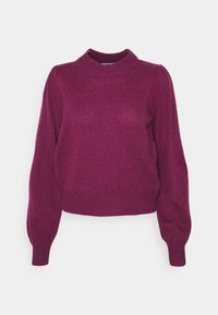 Magenta sweter z dzianiny z wysokim kołnierzem, długimi bufkami na rękawach i prążkowanym dołem. Miękka faktura ze lekko skróconym fasonem.
