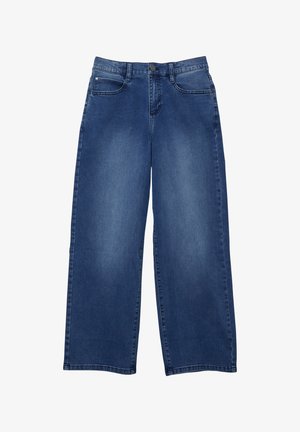 Široké džíny z denimu v tmavom modrom odtieni, s vysokým pásom, dizajnom s piatimi vreckami a hladkou textúrou s jemným vyblednutím.