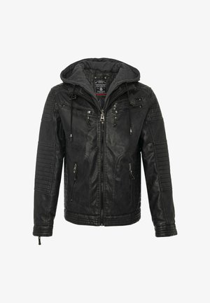 Veste en cuir noir avec une capuche grise. Comprend plusieurs poches zippées, des détails matelassés aux épaules et aux manches, ainsi qu'une coupe ajustée.