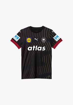 Maillot de sport noir avec des rayures ondulées rouges et jaunes ; présente le logo Puma, "atlas" en blanc, et des patchs de sponsoring sur les manches.