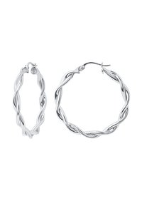 Orecchini a cerchio attorcigliati in argento, uno piccolo e uno grande. Il design presenta filamenti lisci e intrecciati con una finitura lucida.