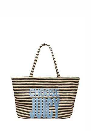 Sac cabas rayé noir et beige avec poignées et grand texte bleu indiquant "CHOOSE JUICY" sur le devant.