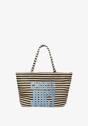 Borsa tote a righe nera e beige con manici e grande testo blu con la scritta "CHOOSE JUICY" sul davanti.